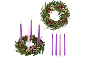 KUABIZ 5 Pcs Christmas Advent Wreath Candle Holder with 4 Flameless Candles Christmas Norfolk Pine Candle Ring Holder Advent Wreaths with Red Berries Golden Leaves for Season Gifts Table Centerpiece Decor