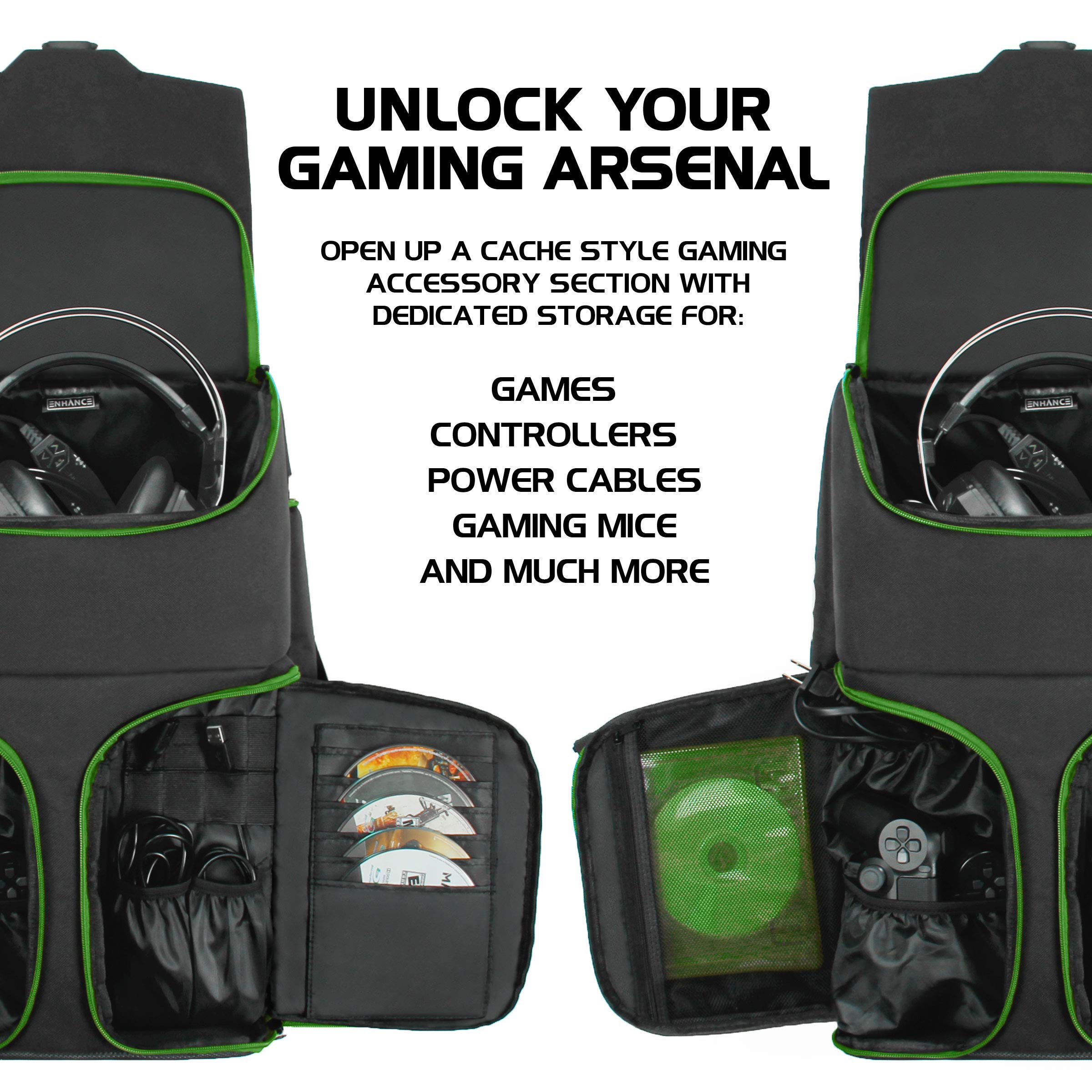 ENHANCE Xbox Backpack - Xbox Carrying Case Compatible with Series S, One X, One S - Storage Compartments for Controllers, Gaming Headset, Games & More Gaming Accessories - Green
