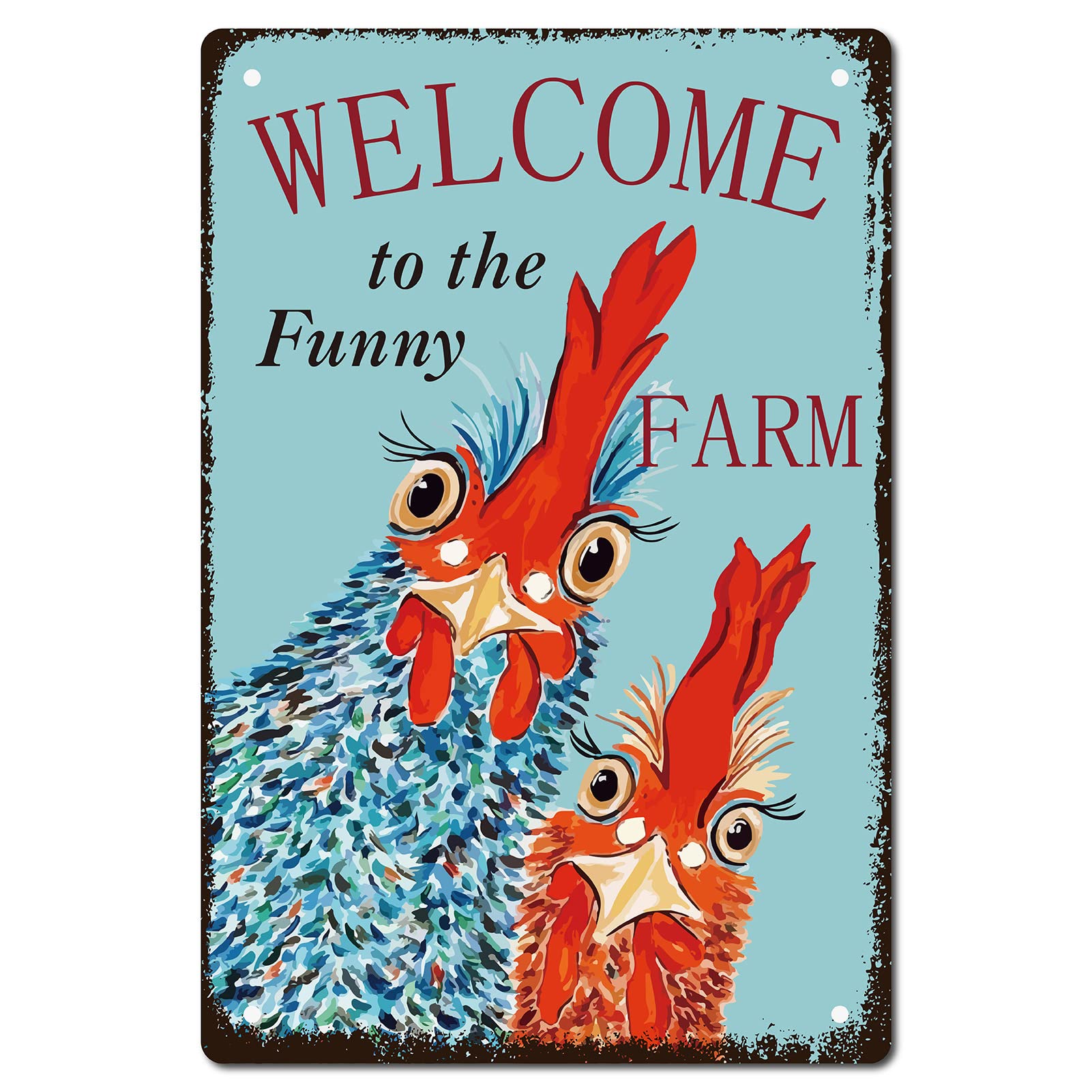 CREATCABIN Welcome to The Funny Farm Metal Tin Sign Chicken Poster Plaques with Quotes Retro Wall Hanging Art Decor for Farm Yard Farmhouse Home Living Room Holiday Ornaments 12 x 8inch