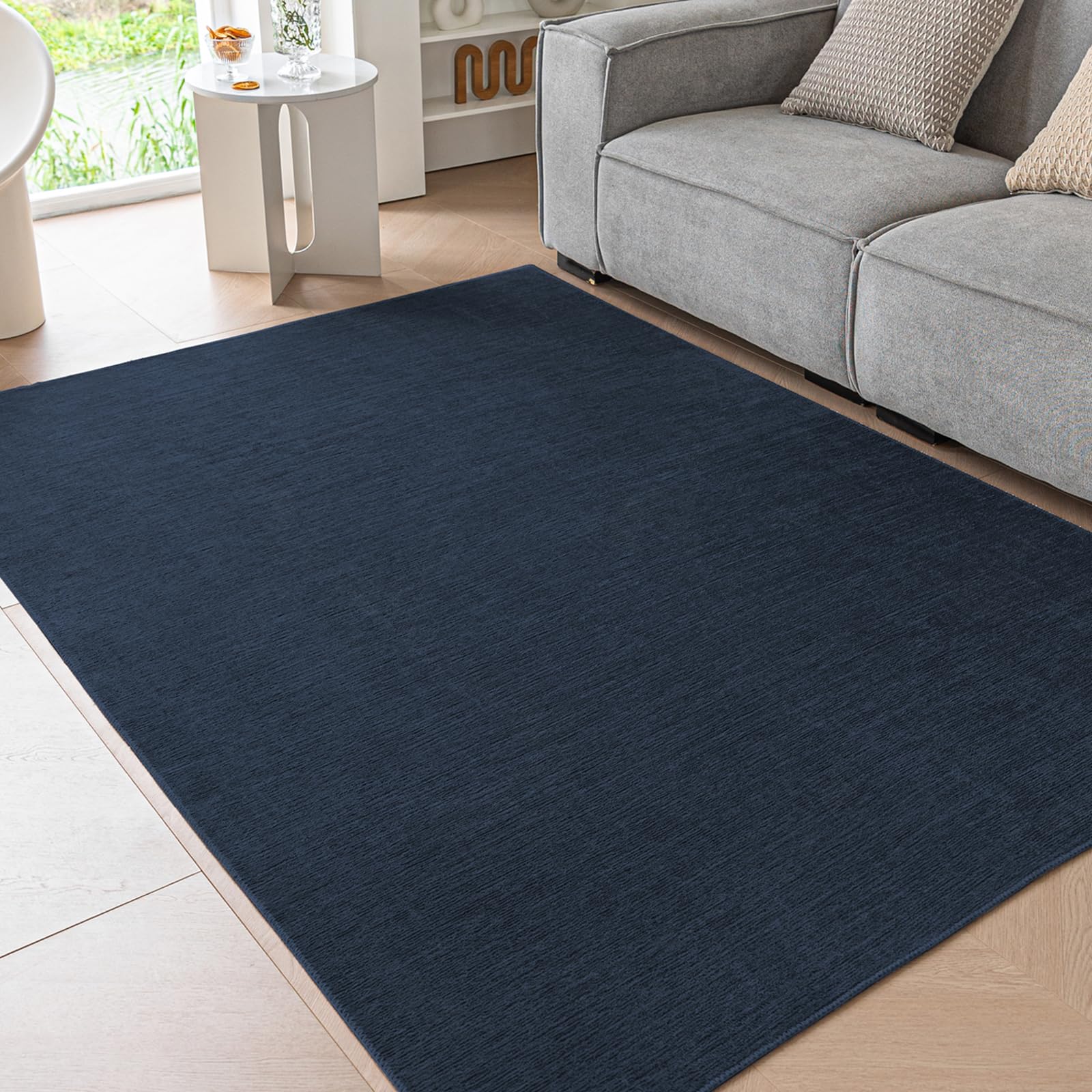 Ceneco Navy Blue Short Pile Rug, Non-Slip Washable Low Pile Rugs Living Room, Soft Bedroom Carpet, Dining Room, Kitchen, Lounge Mat (Navy Blue, 60×90cm)