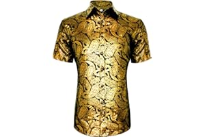 CARUHIF Men's 70s Disco Shirt Retro Paisley Shitrs Short Sleeve Casual Party Costume