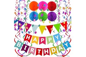 FECEDY Happy Birthday Banner With Colorful Paper Flag Bunting Paper Circle Confetti Garland Swirl Streamers Honeycomb ball for Birthday Party Decorations