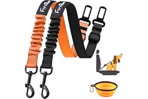 fancigo Dog Seat Belt for Car. 2 Pack Adjustable Dog Safety Seatbelt. Adjustable Strap, Strong Nylon Fabric, Bungee Buffer Dog Puppy Car Seat Belt. (Black+Orange)