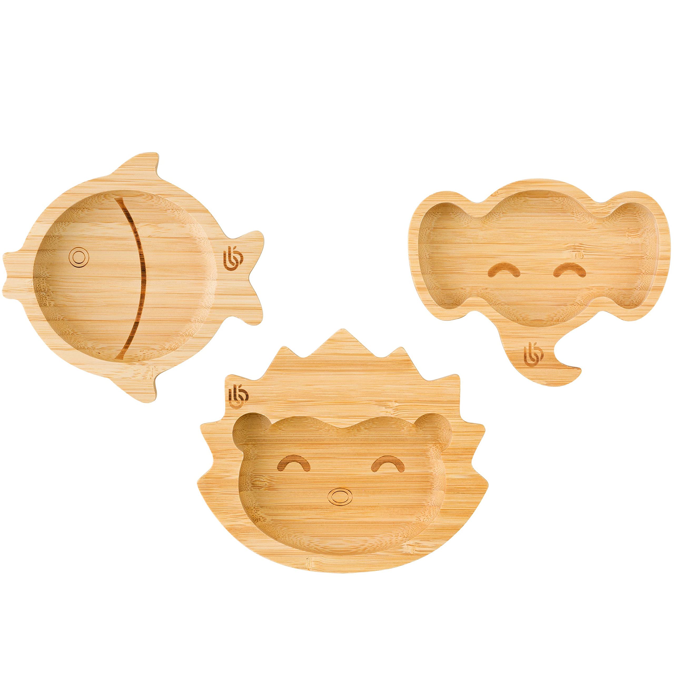 bamboo bamboo ® Baby Plate– Kids and Toddler Bamboo Plate for Babies | Non-Toxic | Cool to The Touch | Ideal for Baby-Led Weaning (Trio of Mini Fish, Hedgehog, Elephant Plates)