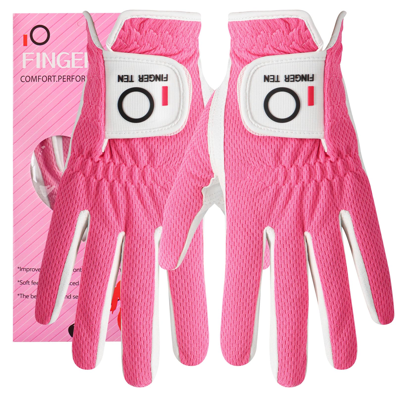 FINGER TEN Women’s Golf Glove Left Hand Right Microfiber Grip Rain Hot Wet All Weather Both Hand Pair, Ladies Golf Gloves Soft Flexible Durable Wear Resistance Good Grip (Rose, M)