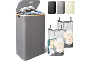 Laundry Hamper, Zekeson 100L Collapsible Laundry Basket with Lid and Handle, Clothes Basket Organizer with 2 Removable Inner Bags for Storage in Bedroom Bathroom Children's Room (Gray)