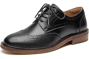 BEAU TODAY Oxford Shoes for Women,Leather Brogue Dress Shoes,Comfort Brethable Ladies Lace-up Handmade Wingtip Shoes for Business Work Black-White-New US 5.5