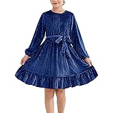 Blaward Girls Christmas Velvet Dress - Long Sleeve Vacation Party Dress with Belt Fall Winter Dresses for Kids Age 6-13 Years