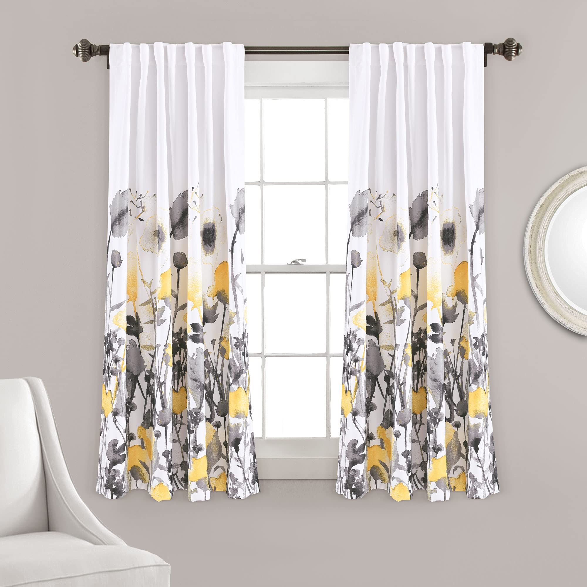 Lush Decor Zuri Flora Light Filtering Window Curtain Panel Pair, 63" Long x 52" Wide, Yellow & Gray Image Lush Decor Zuri Flora Light Filtering Window Curtain Panel Pair, 63" Long x 52" Wide, Yellow & Gray Image