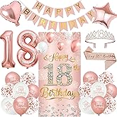 Roetyce 18th Birthday Decorations for Girls, Rose Gold Happy 18th Birthday Banner Sash & Crown Balloons Kit, Pink 18 Years Old Party Yard Door Wall Backdrop Background