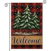 HOMETITUTE Merry Christmas Garden Flag 12x18 Inch Welcome Garden Flags Burlap Double-Sided Red Buffalo Plaid Pine Trees Seasonal Outdoor Holiday Banner Winter Flag for Yard Lawn Decoration