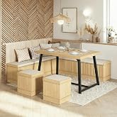 Brafab 63" Corner Dining Table Set with Hidden Storage, Natural | Fluted Design, L-Shaped Banquette, Hidden Storage, Padded Seating, Modern Farmhouse Style, Seats 4-6, Small Space, 2 Packages