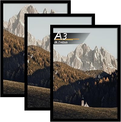 Tinkeps 3er Pack Bilderrahmen A3 (29,7x42 cm) Schwarz, Bilderrahmen Hergestellt aus Holzwerkstoff, Rahmen A3 Ideal für Fotos, Bilder, Poster
