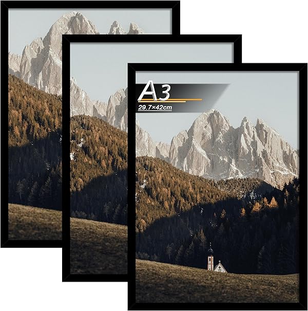 Tinkeps 3er Pack Bilderrahmen A3 (29,7x42 cm) Schwarz, Bilderrahmen Hergestellt aus Holzwerkstoff, Rahmen A3 Ideal für Fotos, Bilder, Poster
