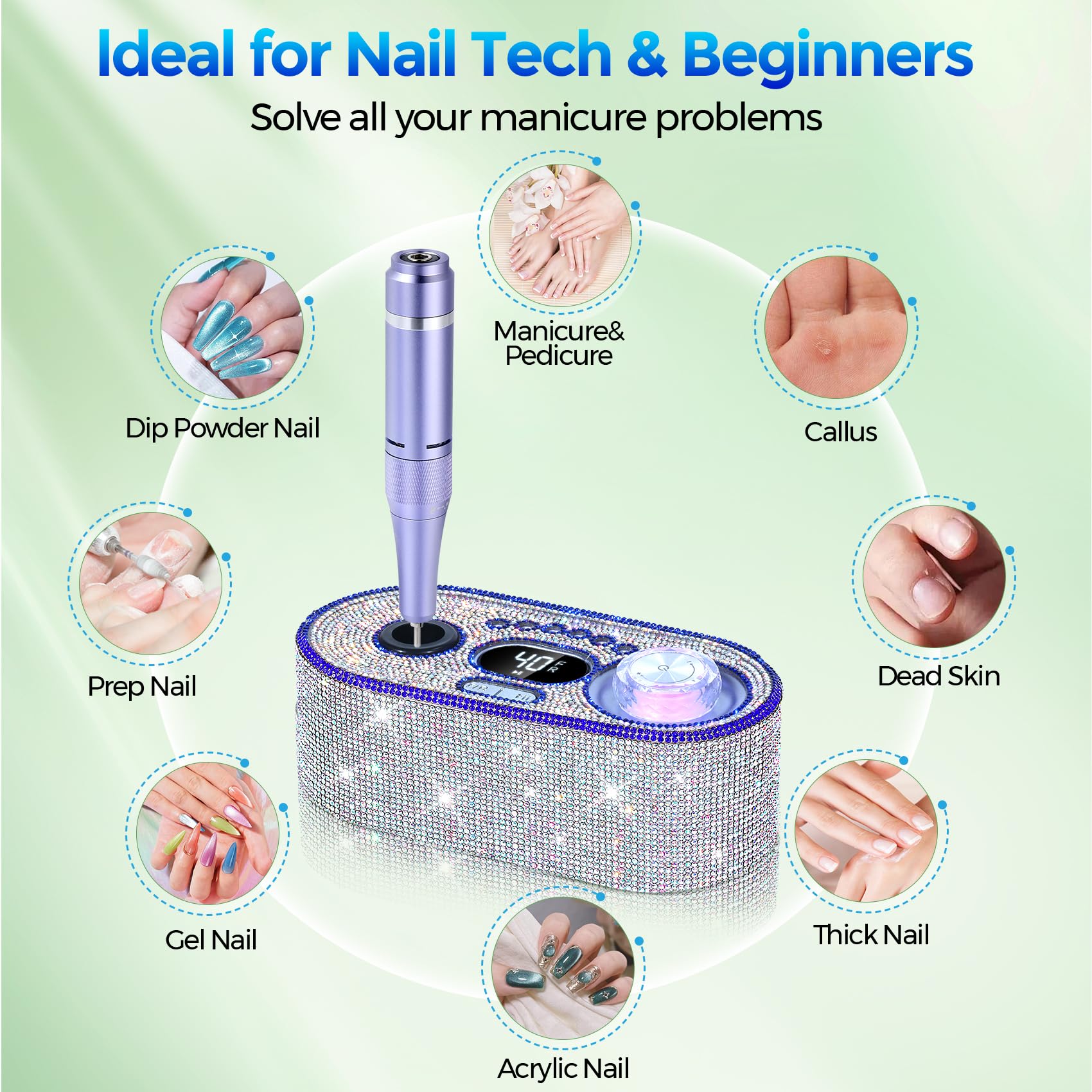 Nail Drill Electric File: DEDNMSCA Sparkly Professional Nail Drill Kit, 40000RPM E-File Machine with 12 Drill Bits for Acrylic Nails Remove Nail Gel Polish Manicure for Salon Home, Crystal Diamond - Image 5