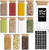 ComSaf 12Pcs Glass Spice Jars 300ml Bamboo Lid Labels Airtight Square