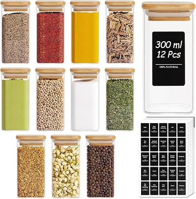 ComSaf 12Pcs Glass Spice Jars 300ml Bamboo Lid Labels Airtight Square