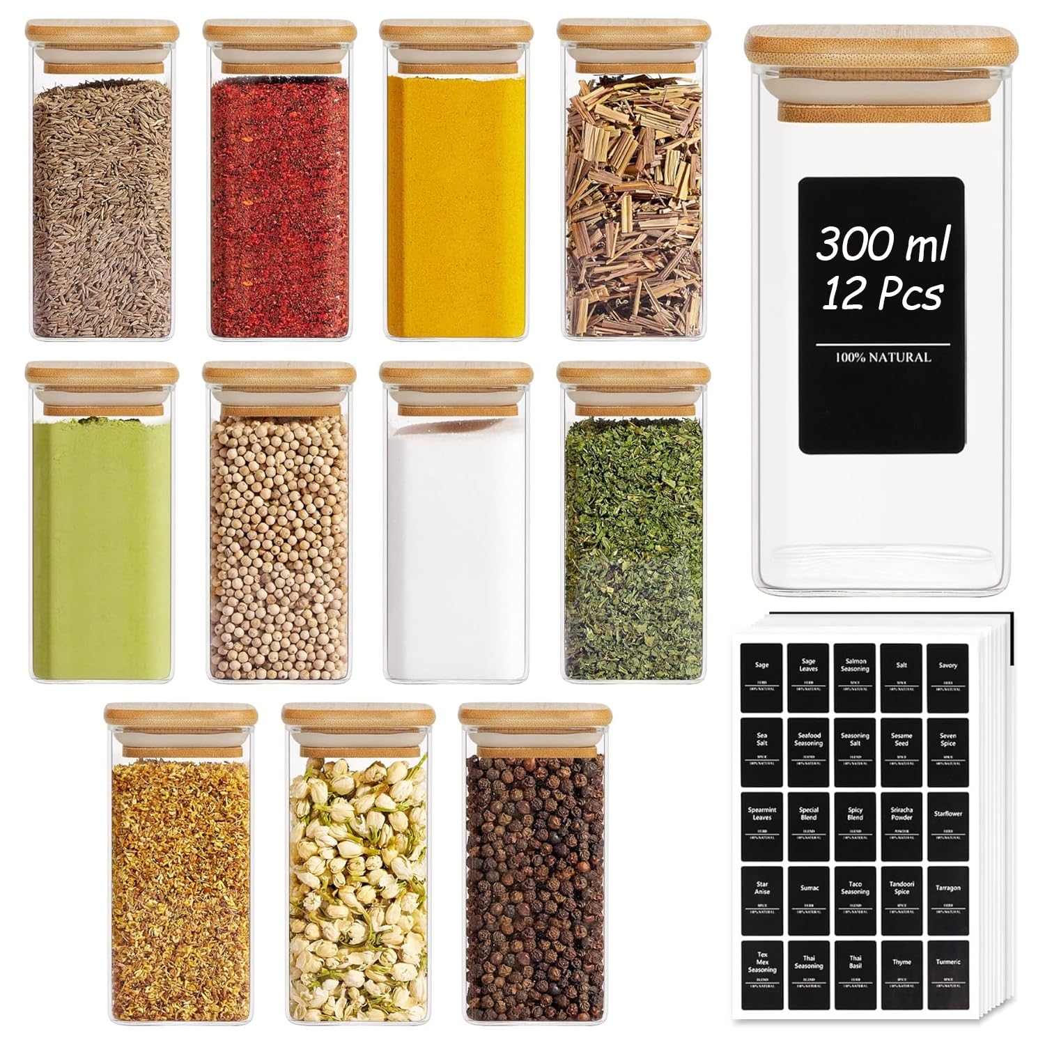 ComSaf 12Pcs Glass Spice Jars with Bamboo Lid and Labels, 300ml Airtight Square Small Glass Containers, Empty Seasoning Jars for Spice Salt Sugar Herb