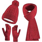 Women's Beanie Hat Scarf Gloves Set Winter Knit Warm Hat, Long Soft Scarf & Touchscreen Gloves for Cold Weather for Outdoor
