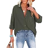 AISEW Womens Button Down Shirts Casual V Neck Long Sleeve Loose Fit Collared Plain Blouses Tops with Pocket