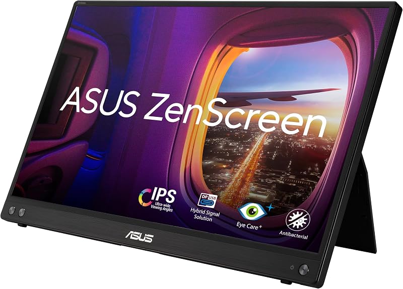 ZenScreen MB16ACV - Monitor portátil USB, 15,6", Full HD (IPS, Conectividad híbrida, USB de Tipo C, Antiparpadeo, Luz Azul de Baja Intensidad, Tratamiento Antibacteriano), 250cd/m², Negro
