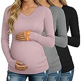 Velvelhall 3 Pack Women's Maternity Shirts Fleece Long Sleeve V Neck Ribbed Pregnancy Tops Slim Fit Base Layer Mama Clothes