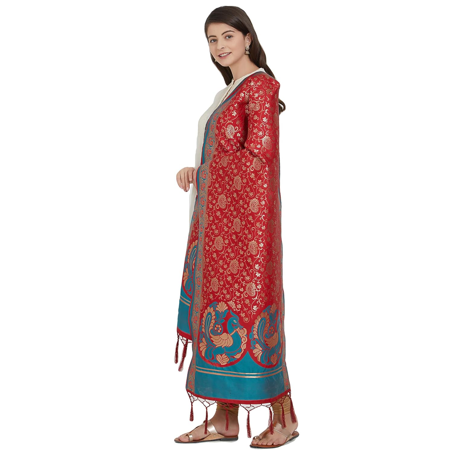 nanda silk mills red woven banarasi silk dupatta for women