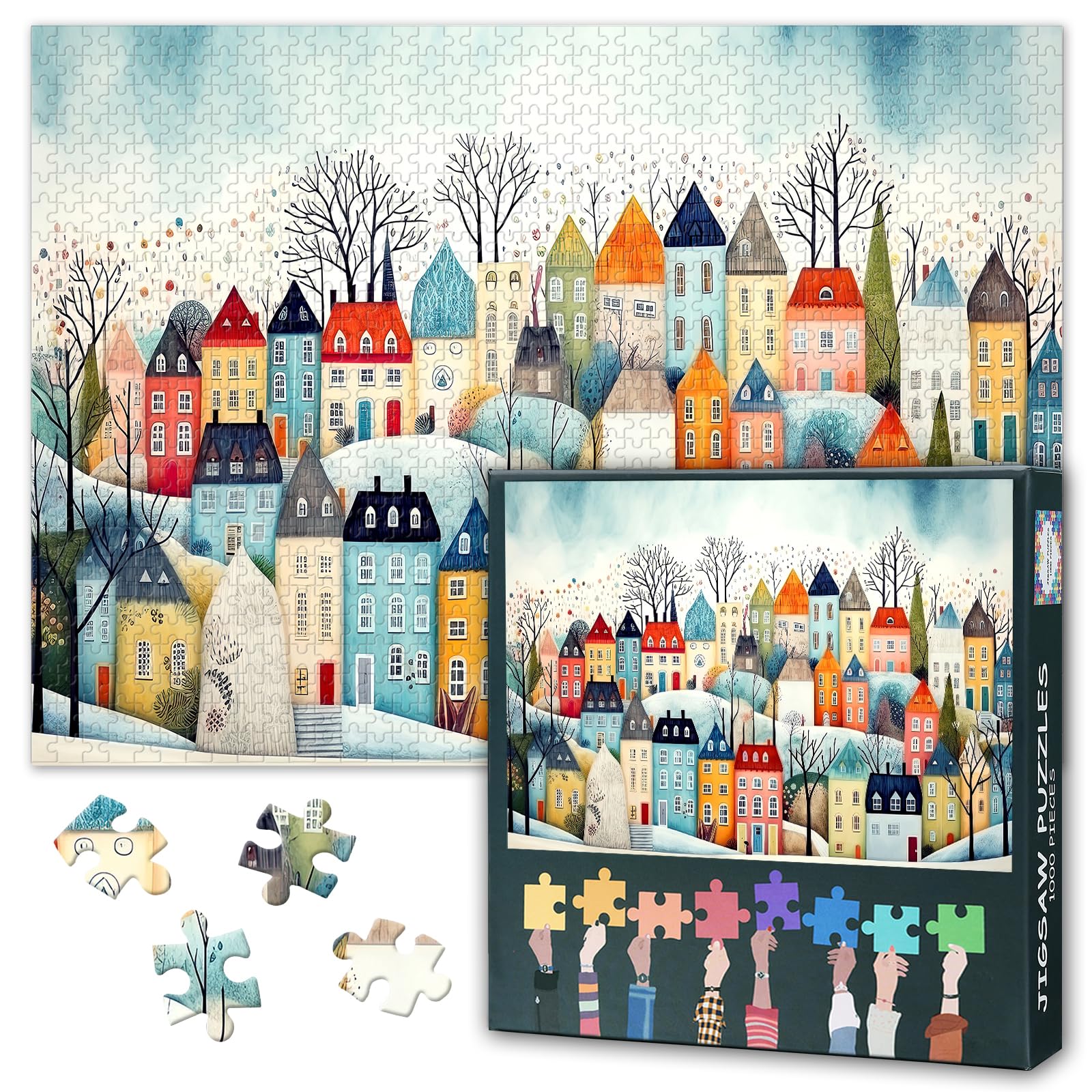 Challenging Jigsaw Puzzle Gifts for Family Games Town on a Hill in Winter Jigsaw Puzzles for Adults 1000 Pieces Houses in Winter Puzzles for Adults Artwork Home Decor 27.5"X19.7"