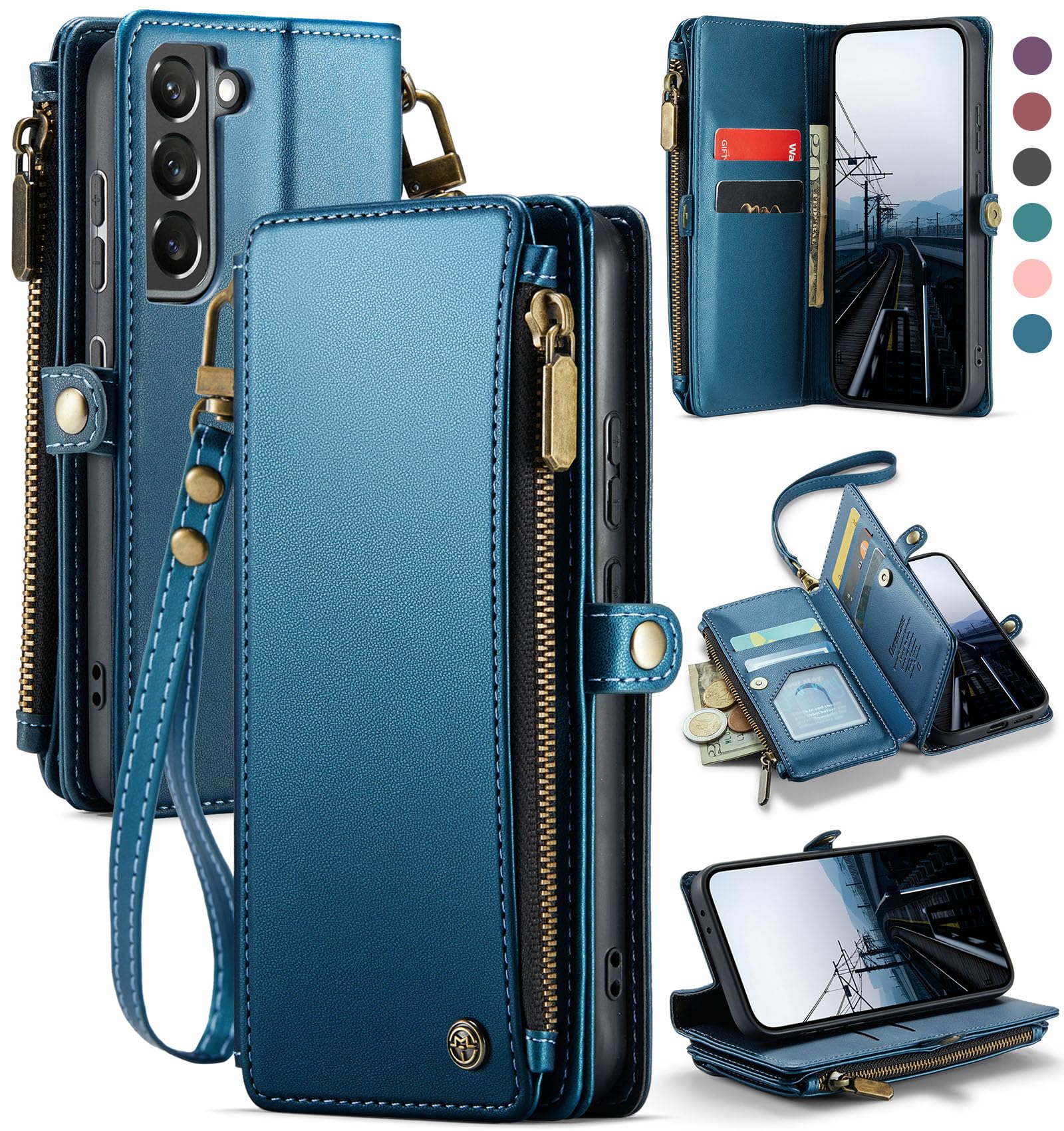 Photo 1 of Defencase Compatible with Samsung Galaxy S21 5G Case Wallet with RFID Blocking Card Holder for Women Men, PU Leather Magnetic Snap Flip Zipper Strap Wallet Phone Case Fit for Galaxy S21 5G 6.2", Blue
