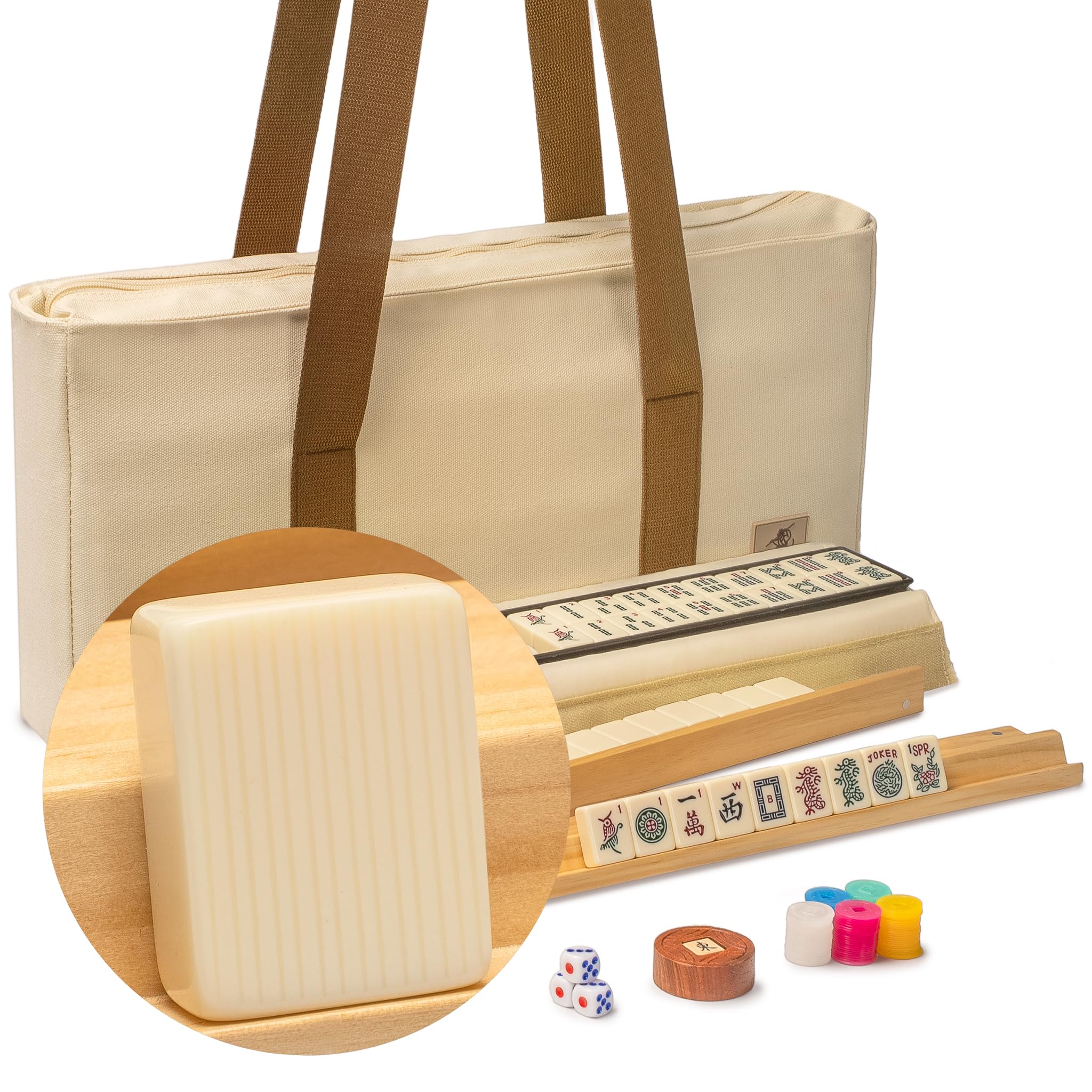 Photo 1 of Yellow Mountain Imports American Mahjong Set, "Ivory Stripes” - 166 Tiles with Beige Soft Case, Wooden Racks with Pushers, Scoring Coins, Dice, & Wind Indicator
