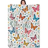 PLKRL Butterfly Floral Blanket, Soft Cozy Lightweight Flannel Throw Blanket for Living Room Bedroom Travel Home, Colorful Watercolor Decor, 50x60 Inch, Insect and Flower Blankets Gifts for Women Girls