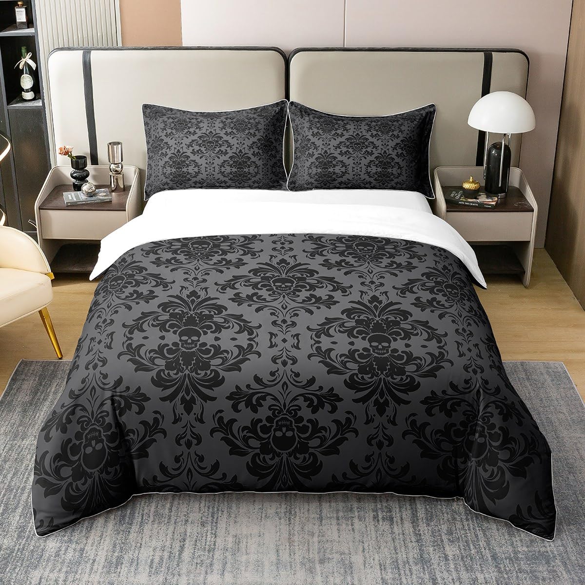 Homemissing Black Damask Bedding Set Double Size Kids Vintage Floral Comforter Cover Set for Boys Girls Teens Antique Victorian Baroque 100% Cotton Duvet Cover Gothic Bone Skeleton Bedspread Cover