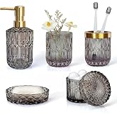 LaMarriti Gray Bathroom Accessories Set, 5Pcs Glass Bathroom Set | Soap Dispenser and Toothbrush Holder Set, Soap Dish, Q-tips Holder Set, Black and Gold Accent for Vintage Bathroom Decor