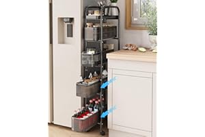 UMDONX 5 Tier Rolling Cart with Pull Out Basket, Premium Metal Slim Storage Cart on Lockable Wheels, Utility Kitchen Organize