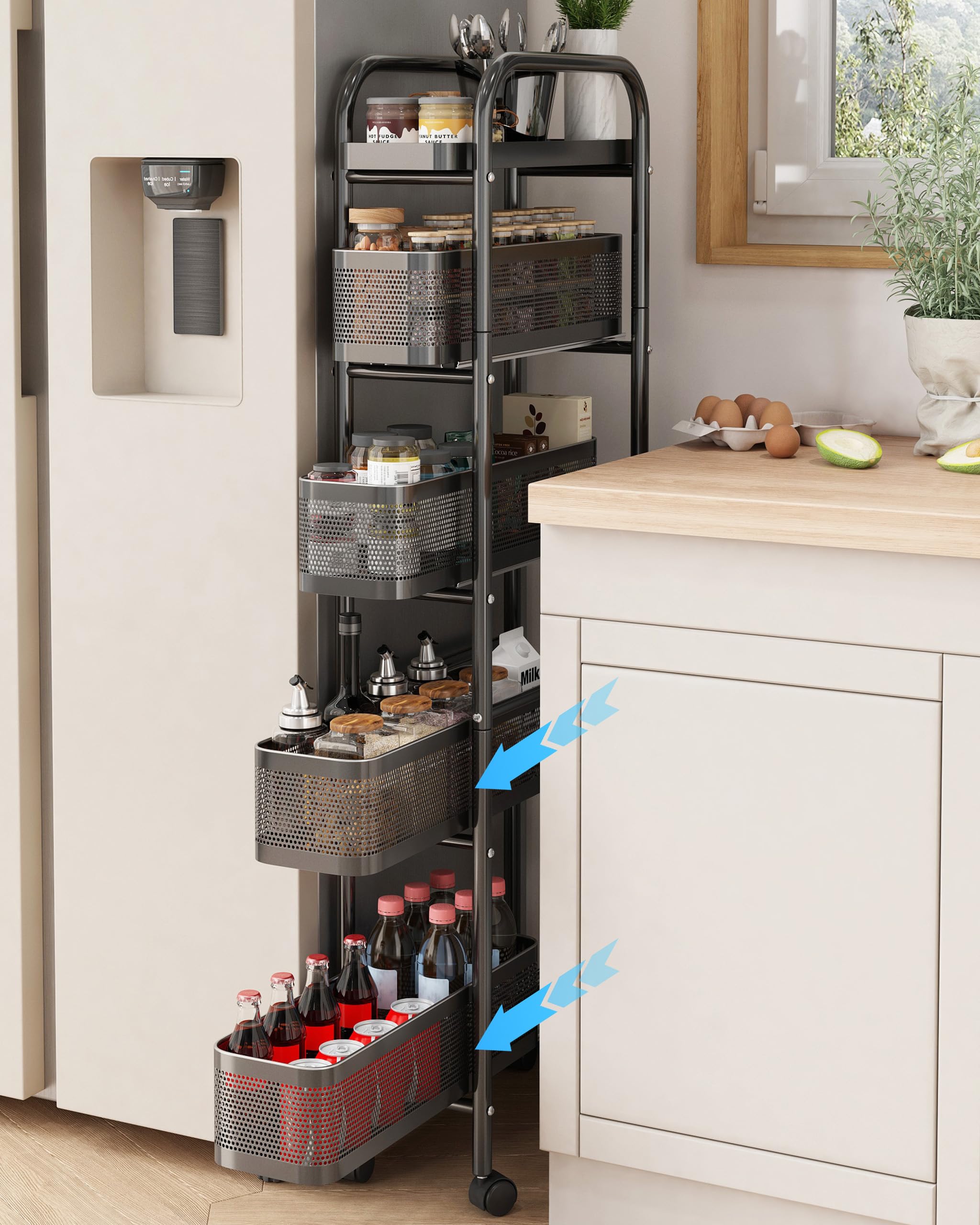 Photo 1 of UMDONX Slim Storage Cart 5 Tier with Pull Out Basket Bathroom Organizer Rolling cart, Rolling Utility Cart Slide Out Organizer for Kitchen, Bathroom, Laundry Black