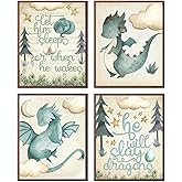 Silly Goose Gifts Let Him Sleep - Dragon Themed Wall Art Prints (Set of 4) Hanging Picture Nursery Kids Room Decor 8x10in
