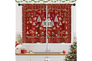 Arttown Christmas Kitchen Curtains, Farmhouse Xmas Tree Holiday Red Short Window Drapes Set of 2, Winter Window Treatment Tier Curtains for Kitchen Over Sink Dining Room Decor (26x36 Inch)