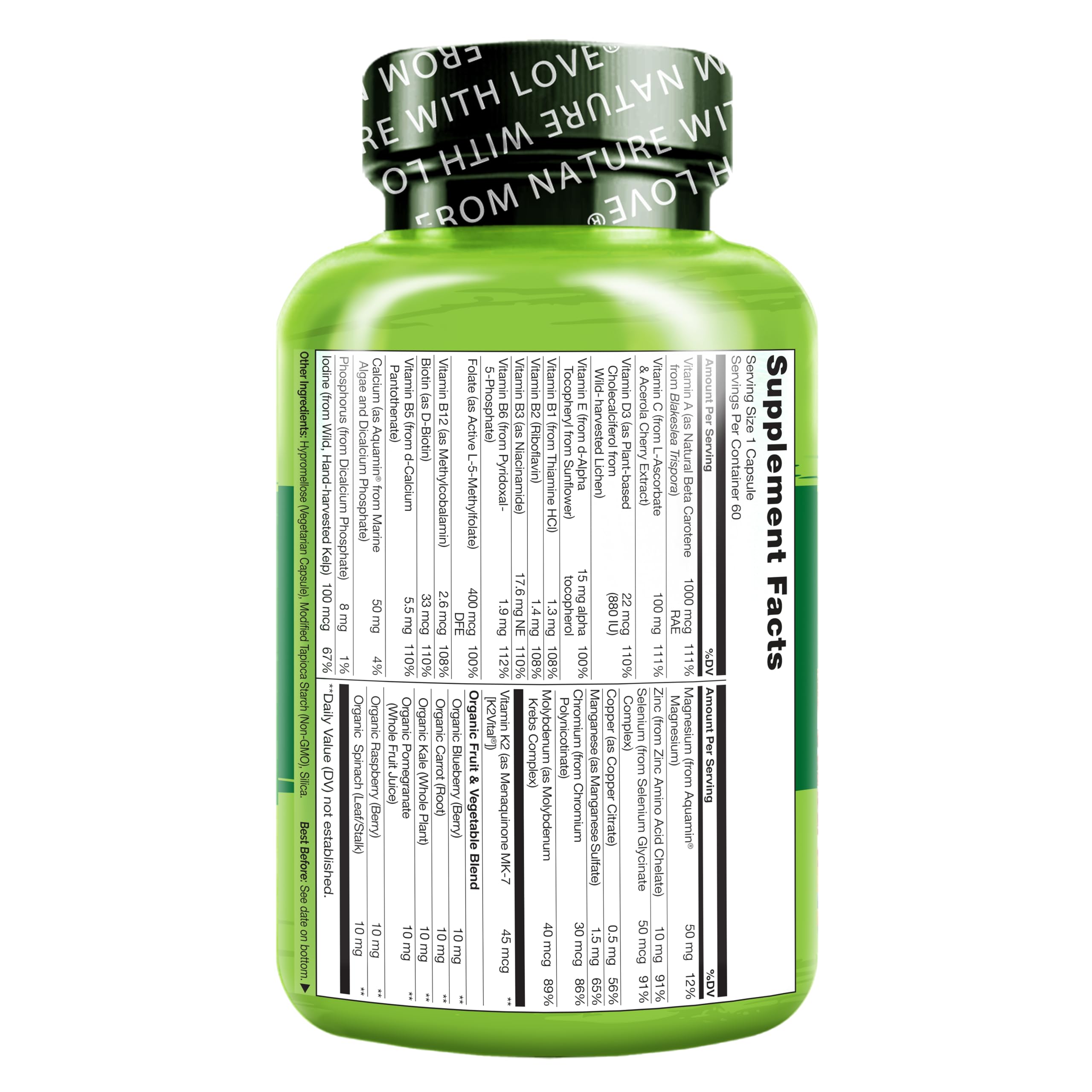 NATURELO Mens Multivitamins - One Daily Multivitamin for Men with Vitamins, Minerals & Organic Whole Foods, Boost Energy & Health, Non-GMO, 60 Vegetarian Capsules
