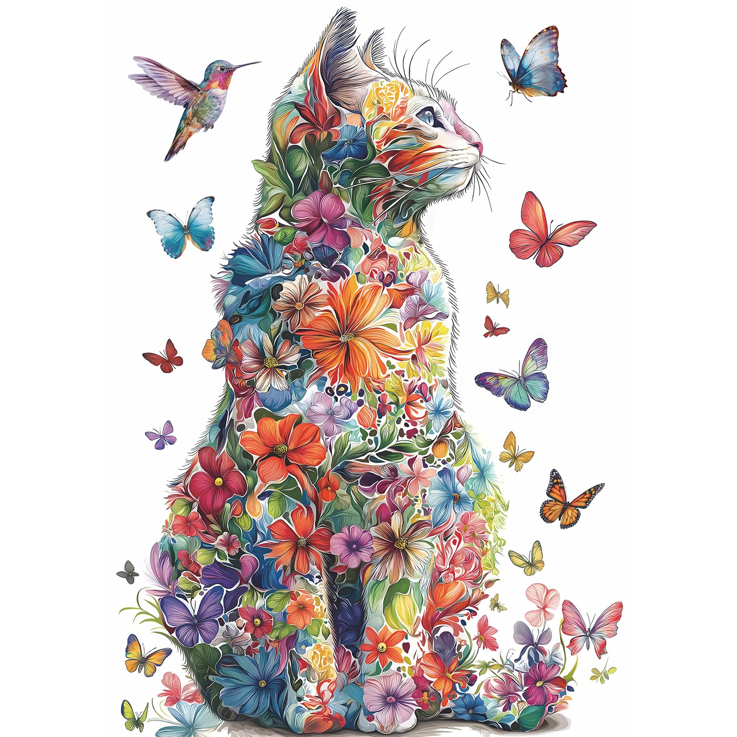 Cat Puzzles for Adults 1000 Pieces, Flower Puzzle Colorful Art Animal Kitten Hummingbird, Butterfly Garden Plant Floral Impossible Jigsaw Puzzle