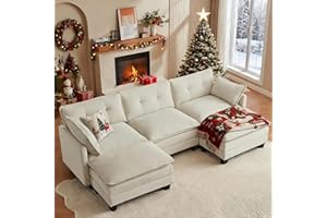 Amsleekey Modular Sectional Sofa, 111.5" U-Shaped Corduroy Comfy Sectional Couches for Living Room, 3-Seater Cloud Couches with 2 Movable Ottomans, Flexible Combination Modern Deep Seat Sofa (Beige)