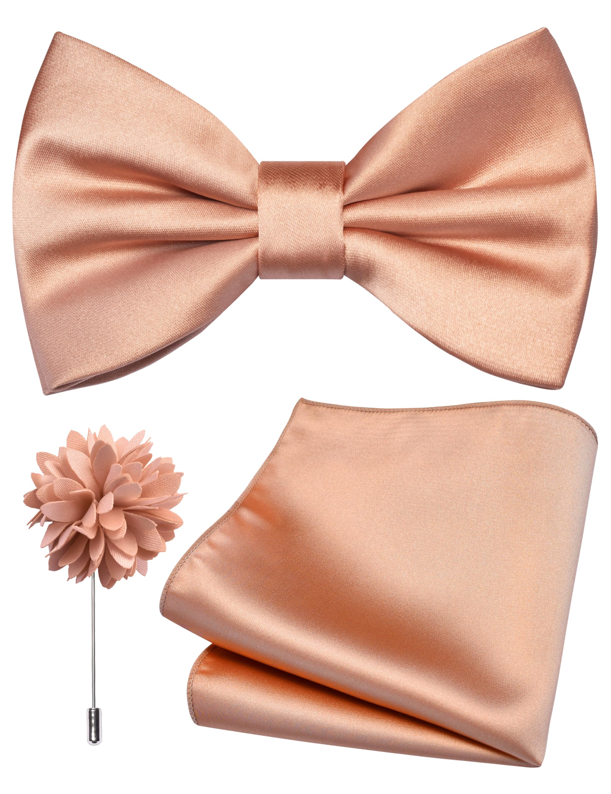 Photo 1 of Branduce Mens Rose Gold Bow Tie for Wedding Solid Satin Silk Bowties Pocket Square and Lapel Pin Brooch Set (BB07-29)
