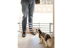 No Pawblems Short Dog Gate with Door, 29-46" Wide Small Dog Gate, Pressure Mounted Metal Pet Gate for Small Dogs Puppy, Easily Step Over Indoor Puppy Gates for Doorways and Stairs, White