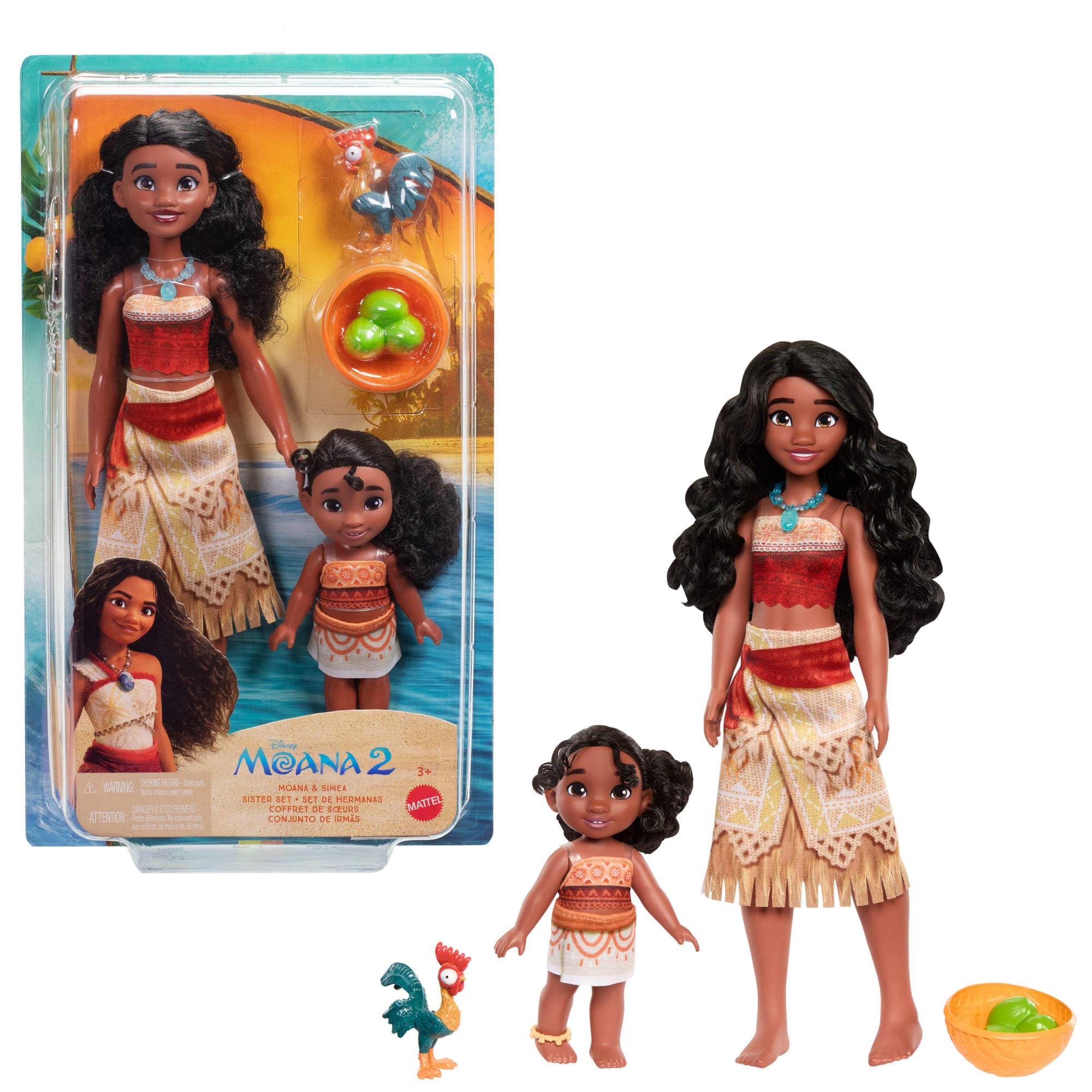 Mattel Disney Vaiana 2 Toys, Sister Set with 2 Fashion Dolls in Signature Looks, Heihei Pet, Coconut & Basket Accessories, Inspired by the Movie, JBT66