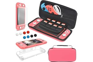 YUANHOT Accessories Bundle Compatible with Nintendo Switch Lite Carry Case & TPU Protective Case Cover & Thumb Grip Covers & Screen Protector - Coral