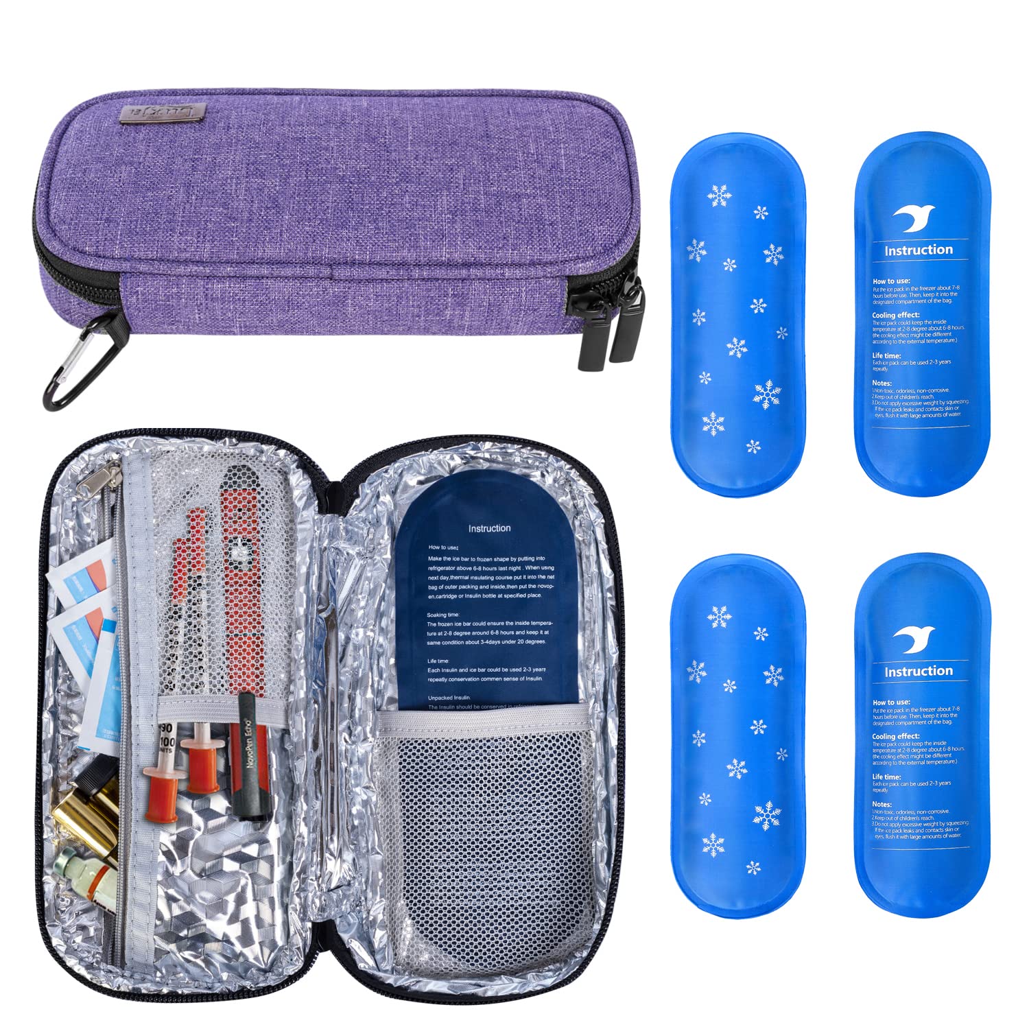 Luxja Insulin Travel Case with Reusable Ice Packs for Insulin Cooler (4 Pack) Bundle, Purple