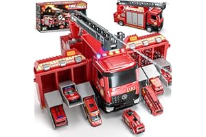 Lehoo Castle Fire Truck Toy for 2 3 4 5 Years Old Boys, Fire Trucks Playset with Rotating Ladder, Realistic Lights & Sounds, 