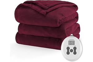 Sunbeam Royal Luxe Microplush Heated Electric Blanket Twin Size, 84" x 62", 12 Heat Settings, 12-Hour Selectable Auto Shut-Off, Fast Heating, Machine Washable, Warm and Cozy, Windsor Wine