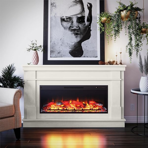 Amazon.com: Novogratz Waverly Wide Mantel with Linear Electric Fireplace u0026  Crystal Ember Bed, White Marble : Home u0026 Kitchen