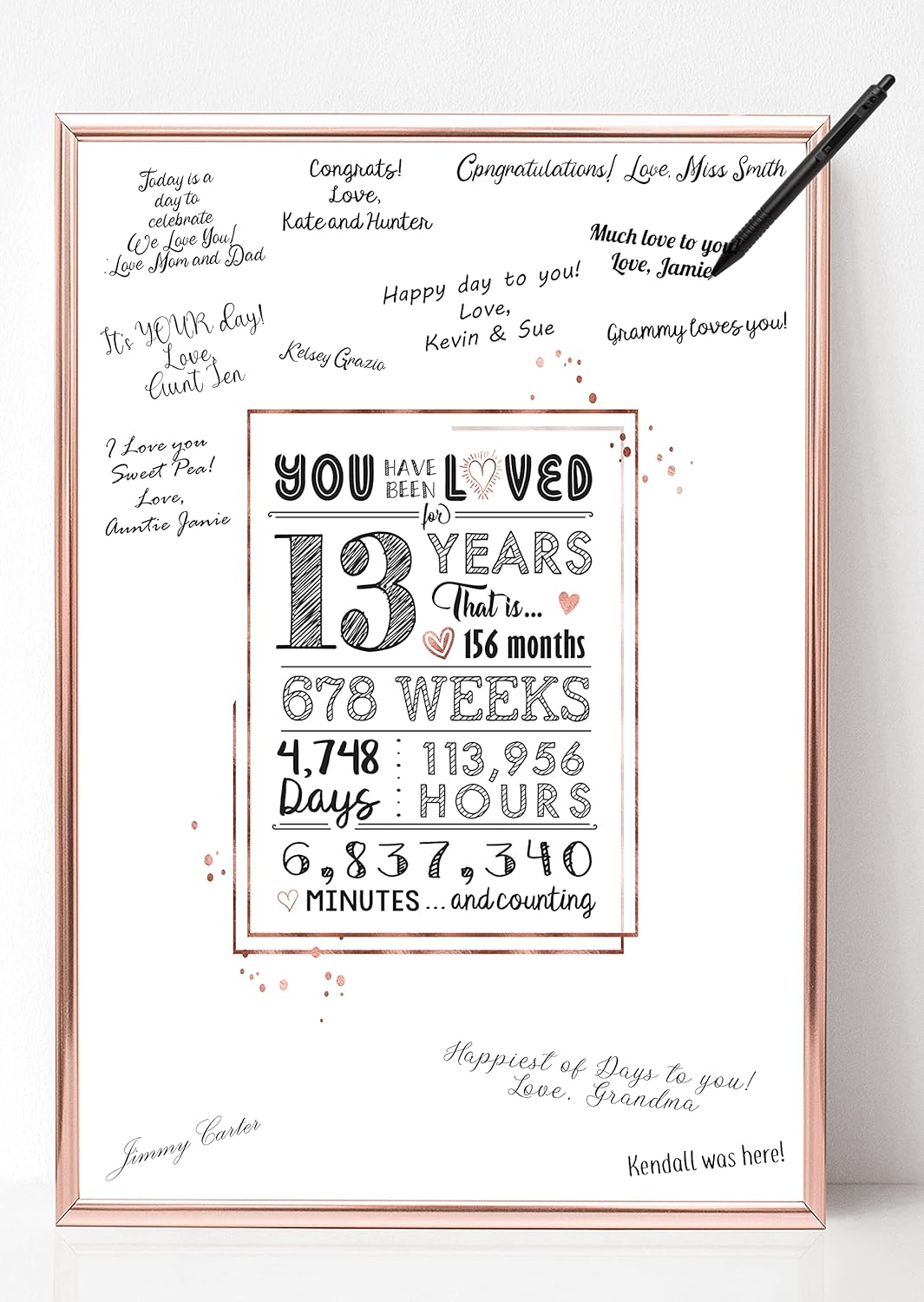 Wall Décor - Katie Doodle Rose Gold 13th Birthday Decorations for Girls - Cute Guest Book Alternative - Great Teenage Girl Gifts for 13 Year Old Girl or Gift Ideas - 11x17 Loved Sign Poster [Unframed] Rose Gold