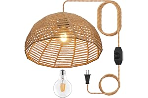 YIIZON Plug in Pendant Light Fixture with Hand Woven Bamboo Lamp Shade Dimmer Switch Hanging Lights with Wicker Rattan Farmhouse Industrial Boho Plug in Ceiling Light Fixture